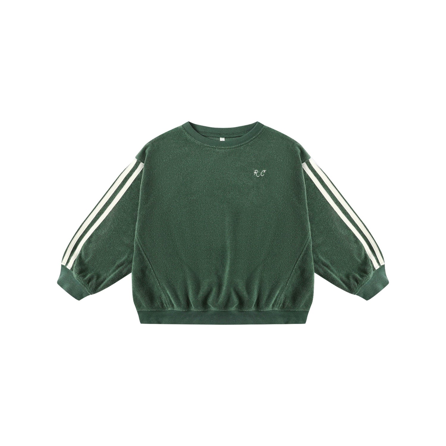 Green sweatshirt with white stripes on sleeves on a white background