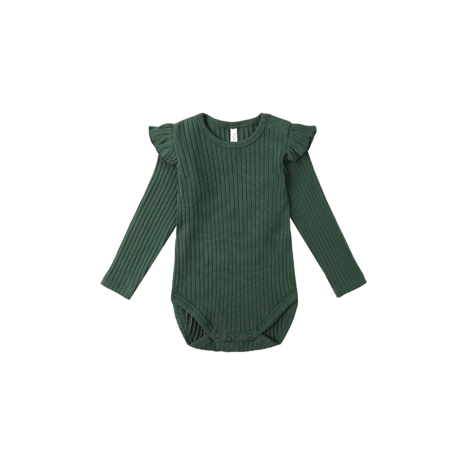 Green ribbed baby bodysuit with ruffled sleeves on a white background