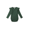 Green ribbed baby bodysuit with ruffled sleeves on a white background