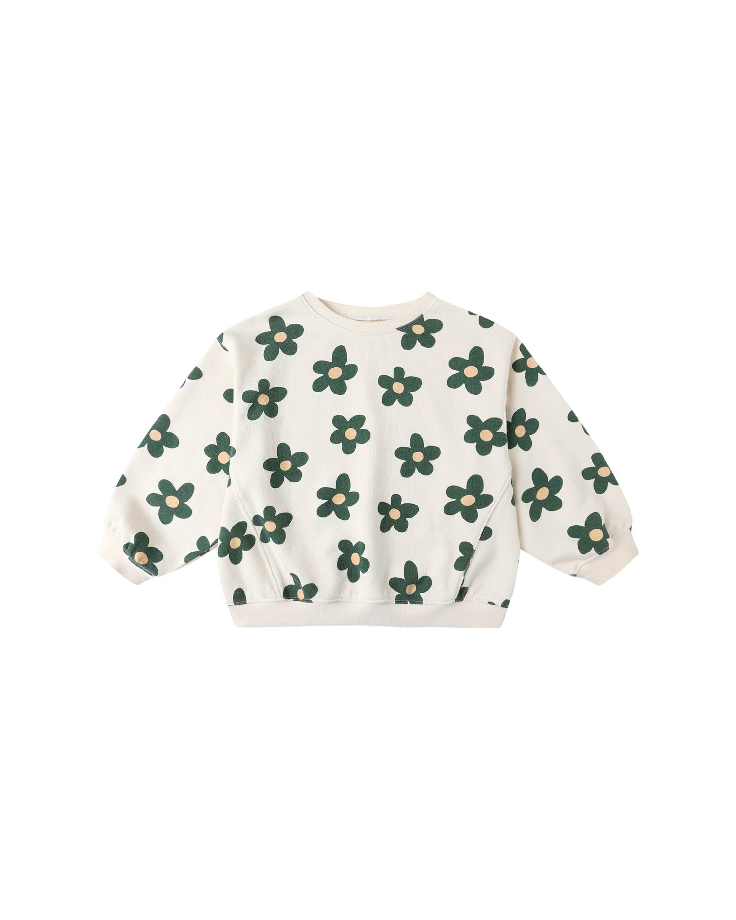 White sweatshirt with green floral pattern on a white background