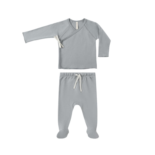 Gray baby outfit with long-sleeve top and pants on a white background