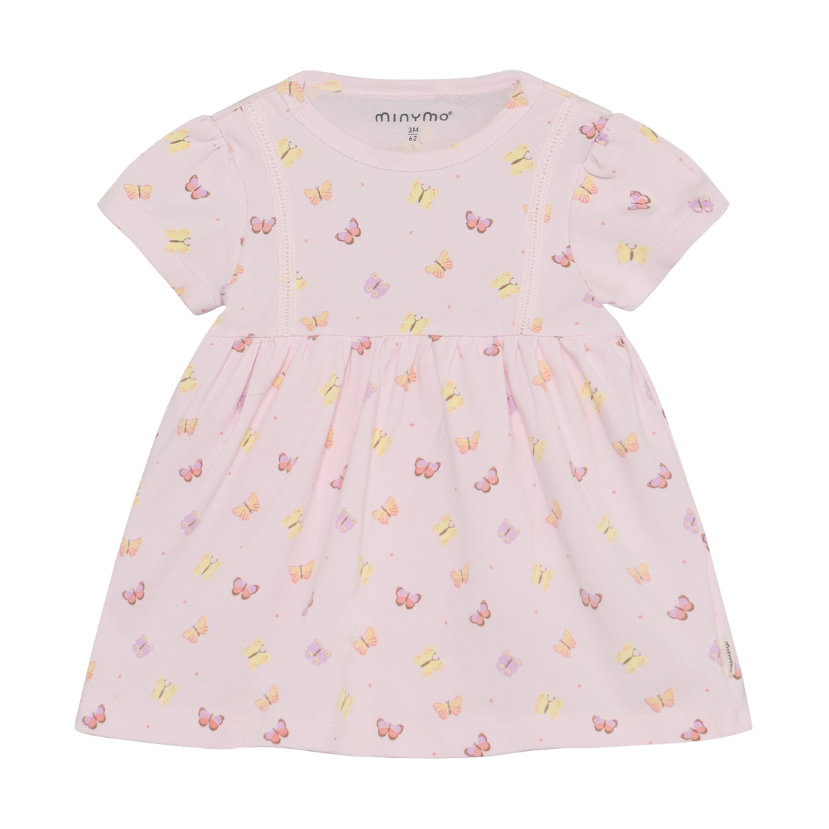 Pink dress with butterfly pattern on a white background