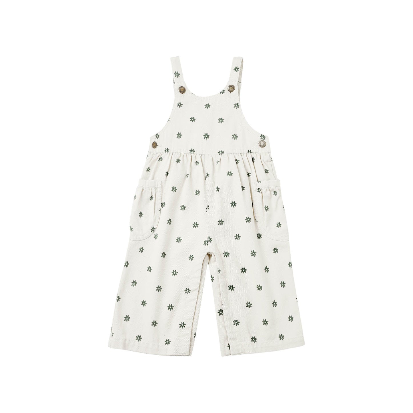 White overalls with black floral pattern on a white background