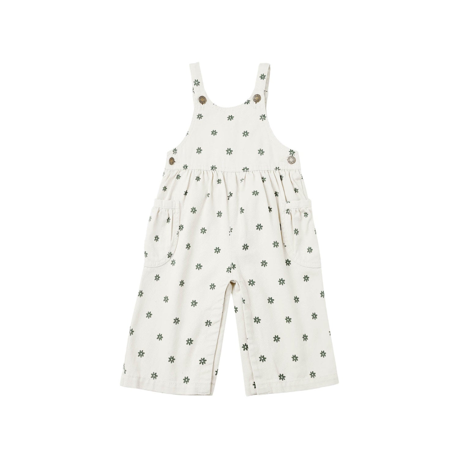 White overalls with black floral pattern on a white background