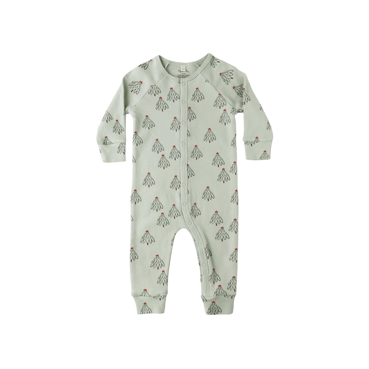 Green baby onesie with tree pattern on a white background