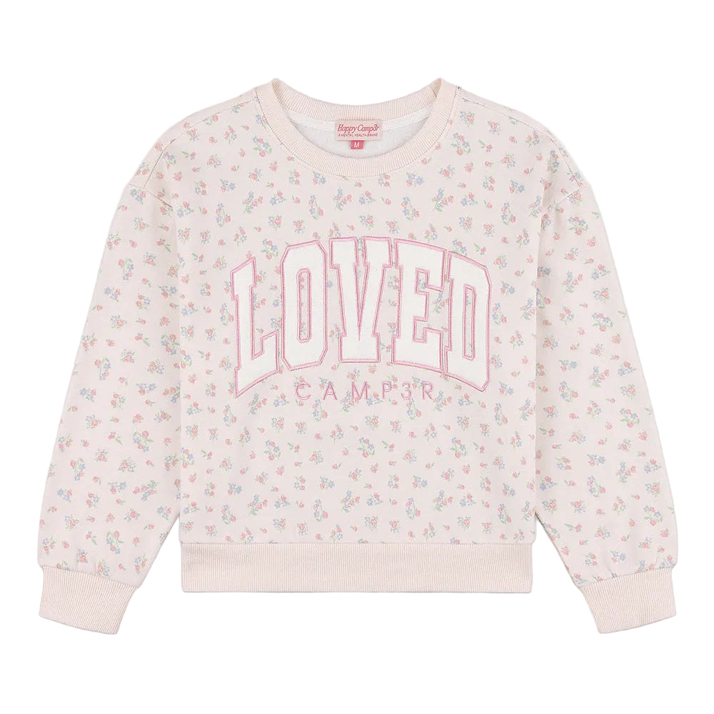 Pink sweatshirt with floral patterns and 'LOVED' text on a white background