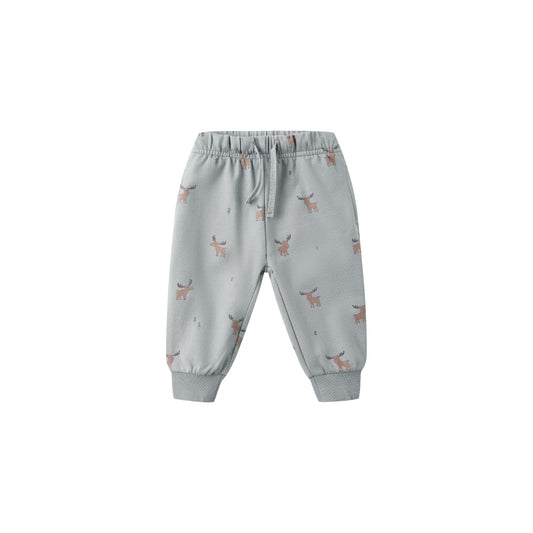 Light gray children's jogger pants with small patterns on a white background