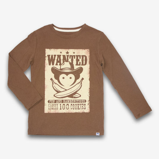 Boys mocha graphic long sleeve tee with western Wanted poster design