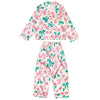 Children's pajama set with candy cane and bow pattern on a white background