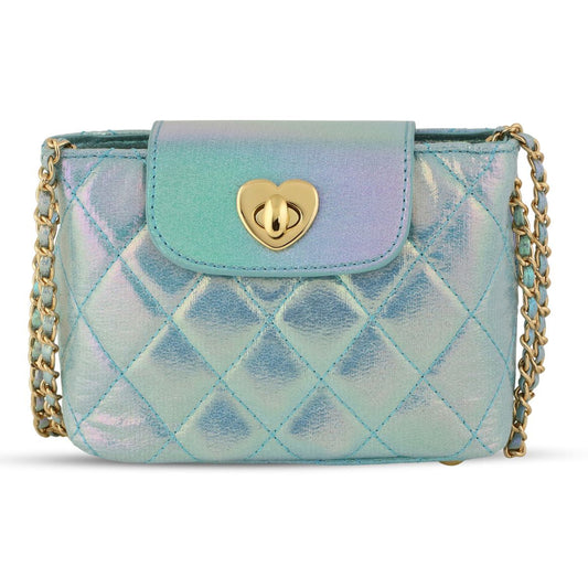 Quilted handbag with heart-shaped clasp and gold chain strap on a white background