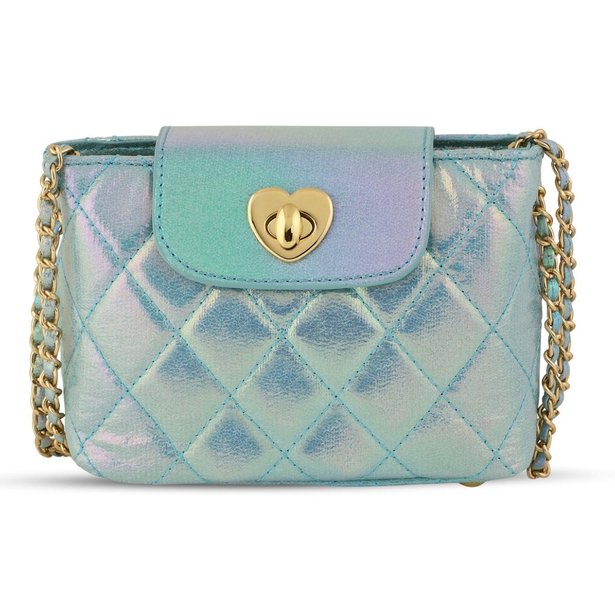Quilted handbag with heart-shaped clasp and gold chain strap on a white background