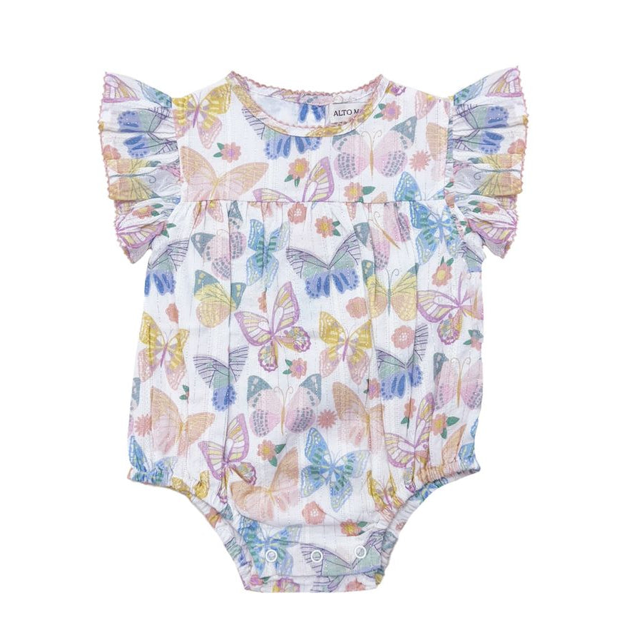 Baby romper with butterfly pattern on a white background