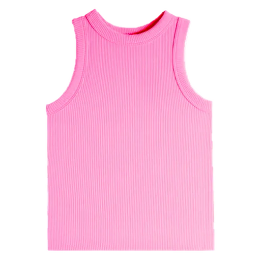 Pink ribbed tank top on a white background