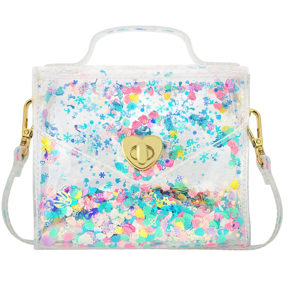 Transparent handbag with colorful confetti pattern and gold heart-shaped clasp on a white background