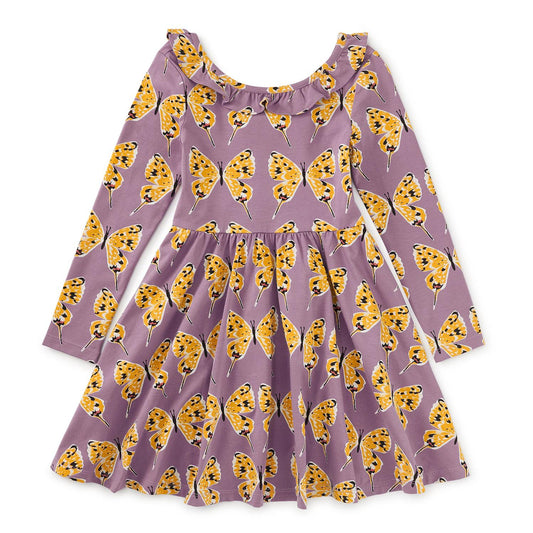Purple ruffle butterfly print dress