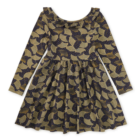 Long sleeve Ginkgo leaf dot patterned ballet dress with a ruffle neckline and a circle skirt.