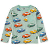 A long-sleeved green t-shirt with a chest pocket and vintage cars printed across the front.