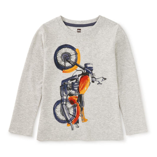 A long sleeve light grey motor bike tee with a watercolor design featuring a motorcycle on the front.