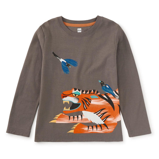 A long sleeve gray t-shirt with a Korean inspired graphics of a tiger and birds on the front.
