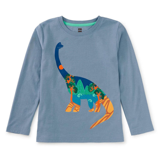 A long-sleeved blue t-shirt with a colorful dinosaur graphic design on the front and a crew neckline.