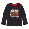 A long sleeve indigo blue t-shirt with a graphic of a red fire truck on the front.