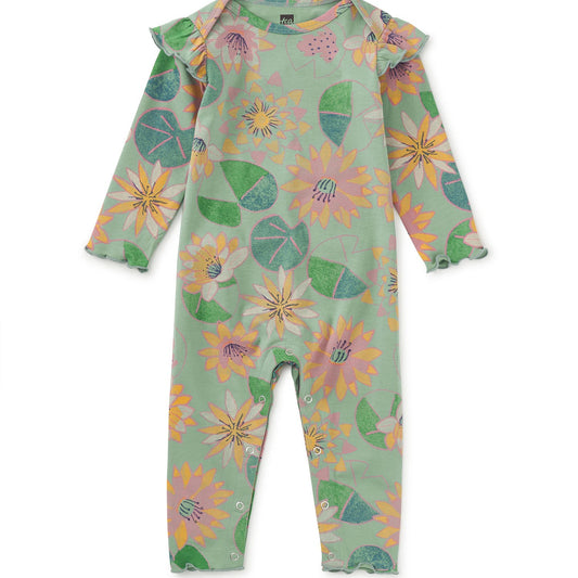 A long-sleeved green romper with water lily prints and ruffled armholes, snaps at the inseam for easy diaper changing.
