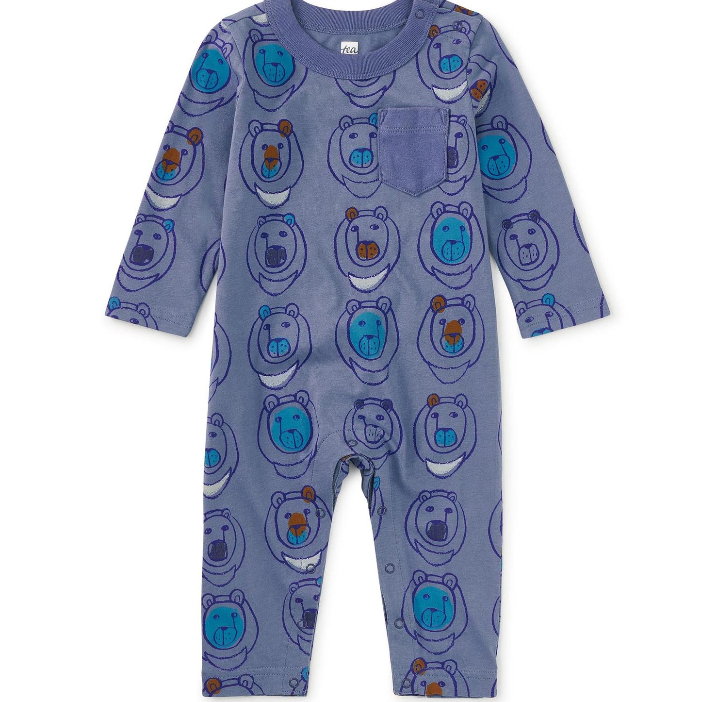 A blue long-sleeved baby romper with a pattern of bear faces, snaps at the neck and inseam, and a chest patch pocket.