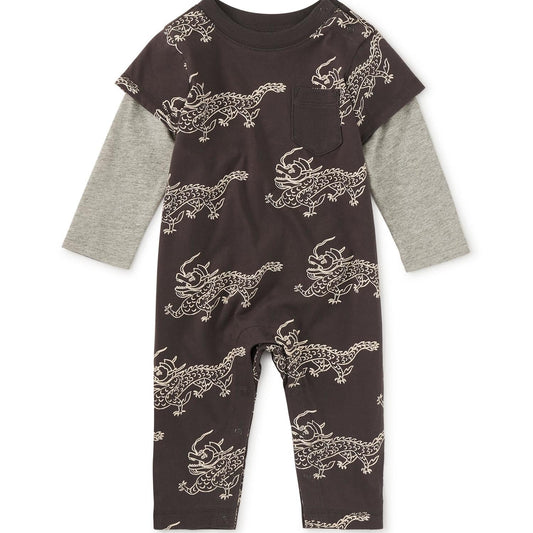 Dragon printed romper with faux layered sleeves. 