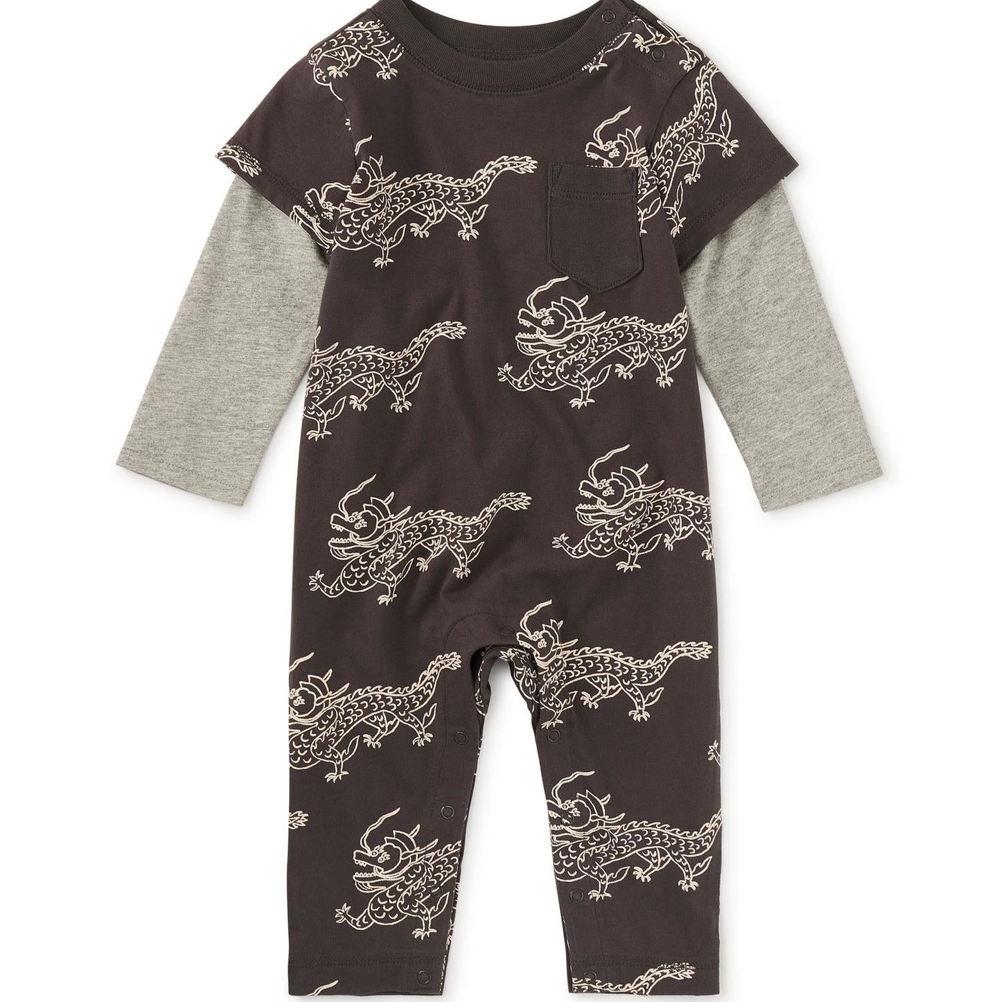 Dragon printed romper with faux layered sleeves. 