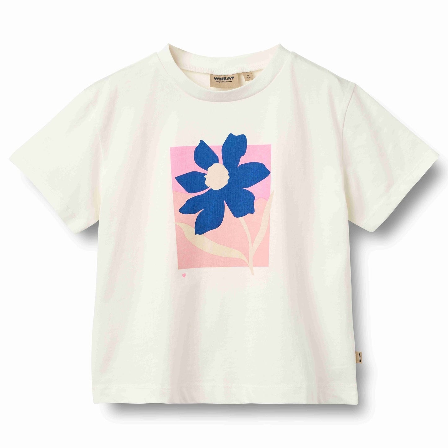White t-shirt with a blue flower graphic on a white background
