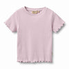 Lilac t-shirt with ruffled sleeves on a white background