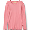 Pink long-sleeve top with frayed hem on a white background