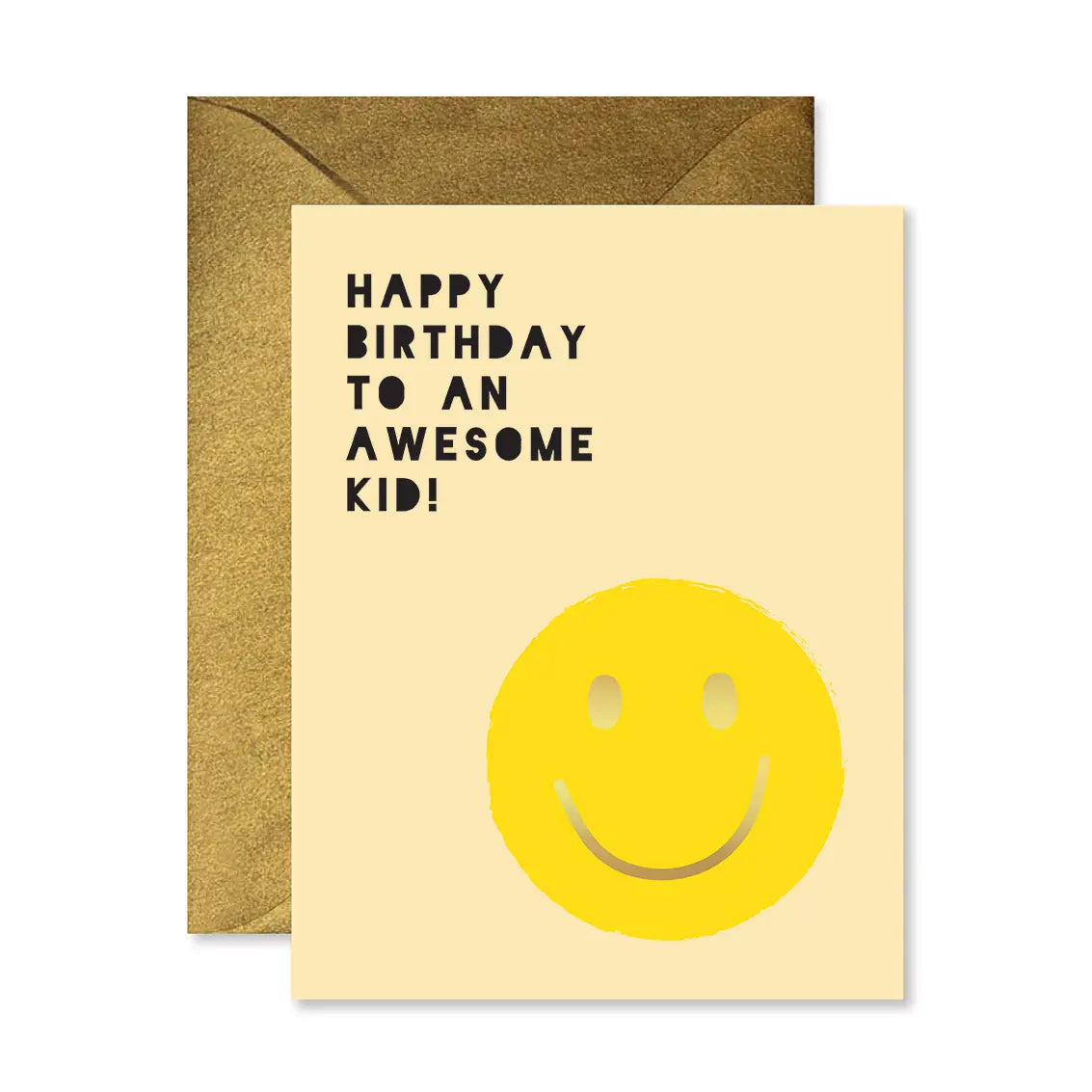 Birthday card with smiley face and text 'Happy Birthday to an awesome kid!' on a beige background.