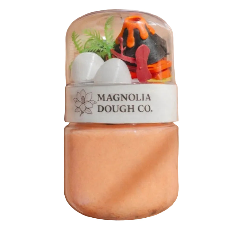 Toy set in a clear plastic container with 'Magnolia Dough Co.' label on a brown background