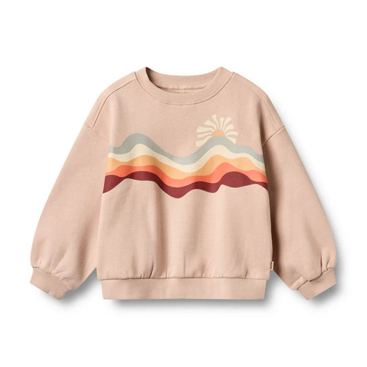 Pink sweatshirt with colorful wave design on a white background