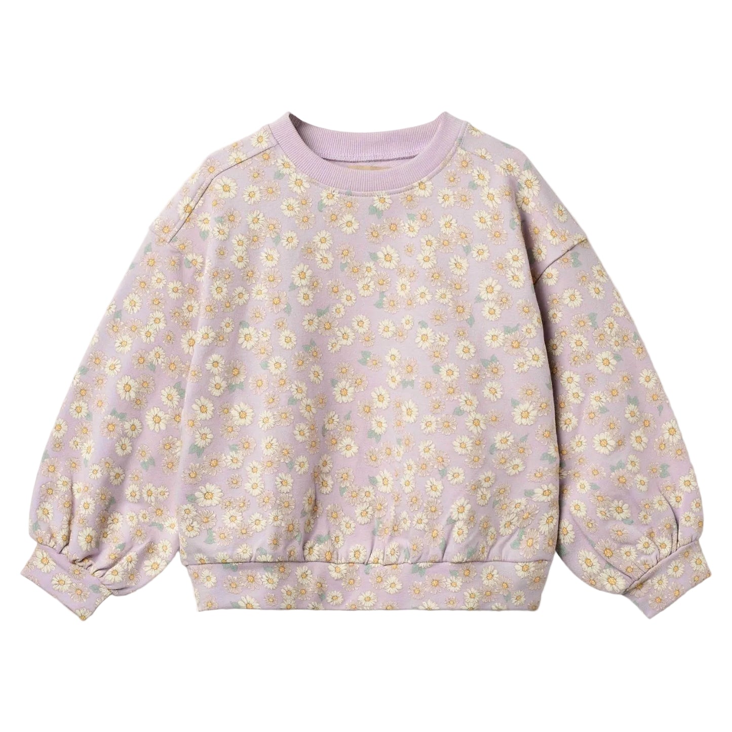 Lavender sweatshirt with yellow floral pattern on a white background