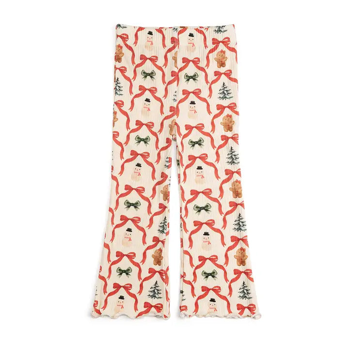 Pajama pants with Christmas-themed pattern on a white background