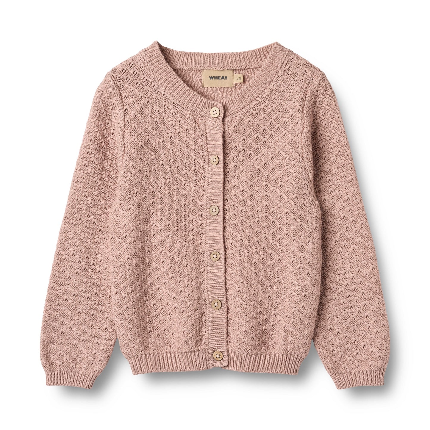 Pink knitted cardigan with button details on a light gray background