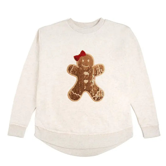 Beige sweatshirt with a sequined gingerbread man design on a white background