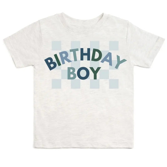White t-shirt with 'Birthday Boy' text on a white background