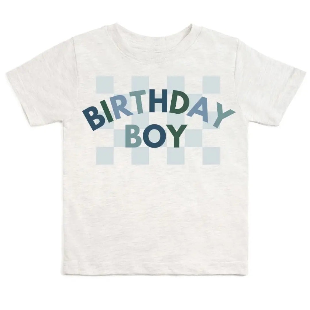 White t-shirt with 'Birthday Boy' text on a white background