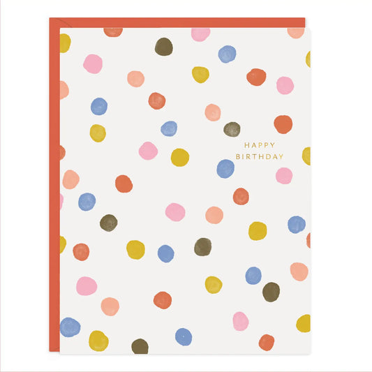 Birthday card with hand-painted colorful confetti dots, gold foil lettering