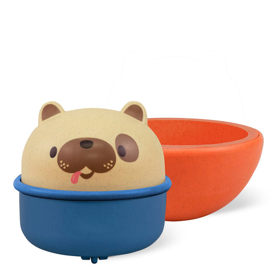 Two animal-shaped bowls, one blue and one orange, on a white background.