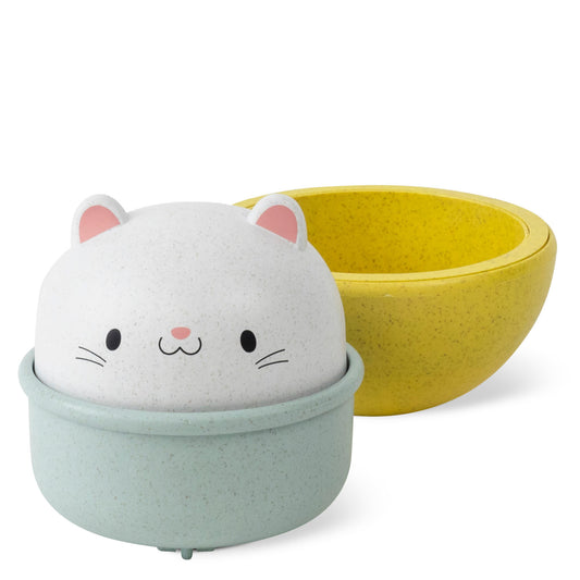 Two bowls with cat-shaped lids on a white background