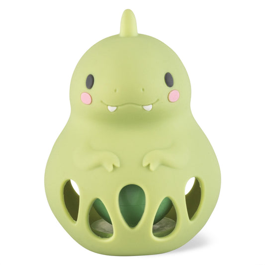 Green dinosaur-shaped toy with a smiling face on a white background