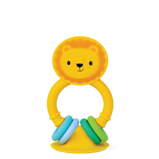 Yellow lion-shaped teething ring with colorful rings on a white background