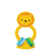 Yellow lion-shaped teething ring with colorful rings on a white background