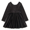 Black velour dress with long sleeves on a white background
