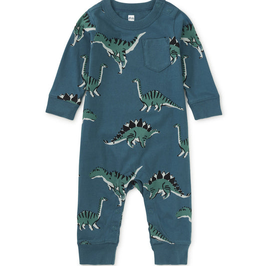 Blue baby onesie with dinosaur pattern on a white background