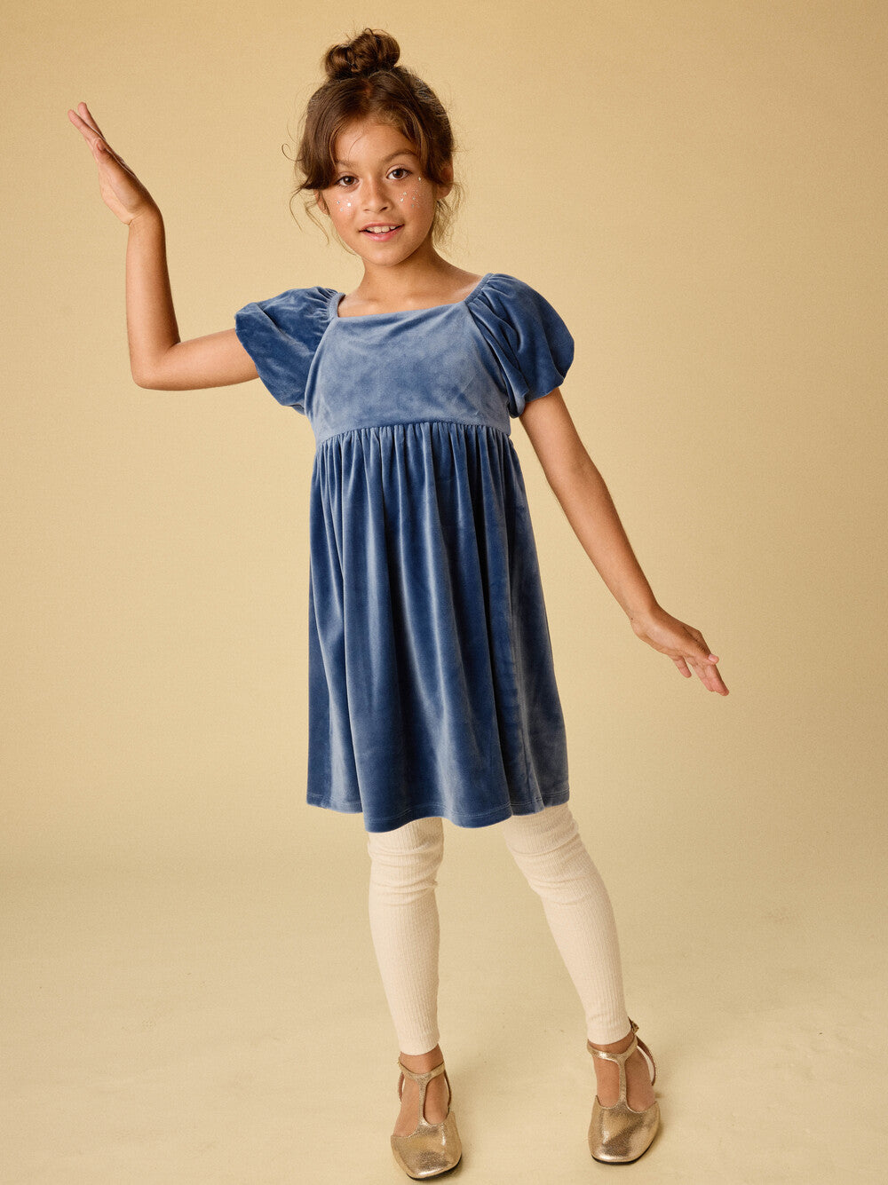 Navy Puff Sleeve Velour Dress